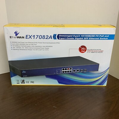 Etherwan EX17082A  Unmanaged 8 port PoE 10/100BASE-TX and 2 ports Gigabit SFP