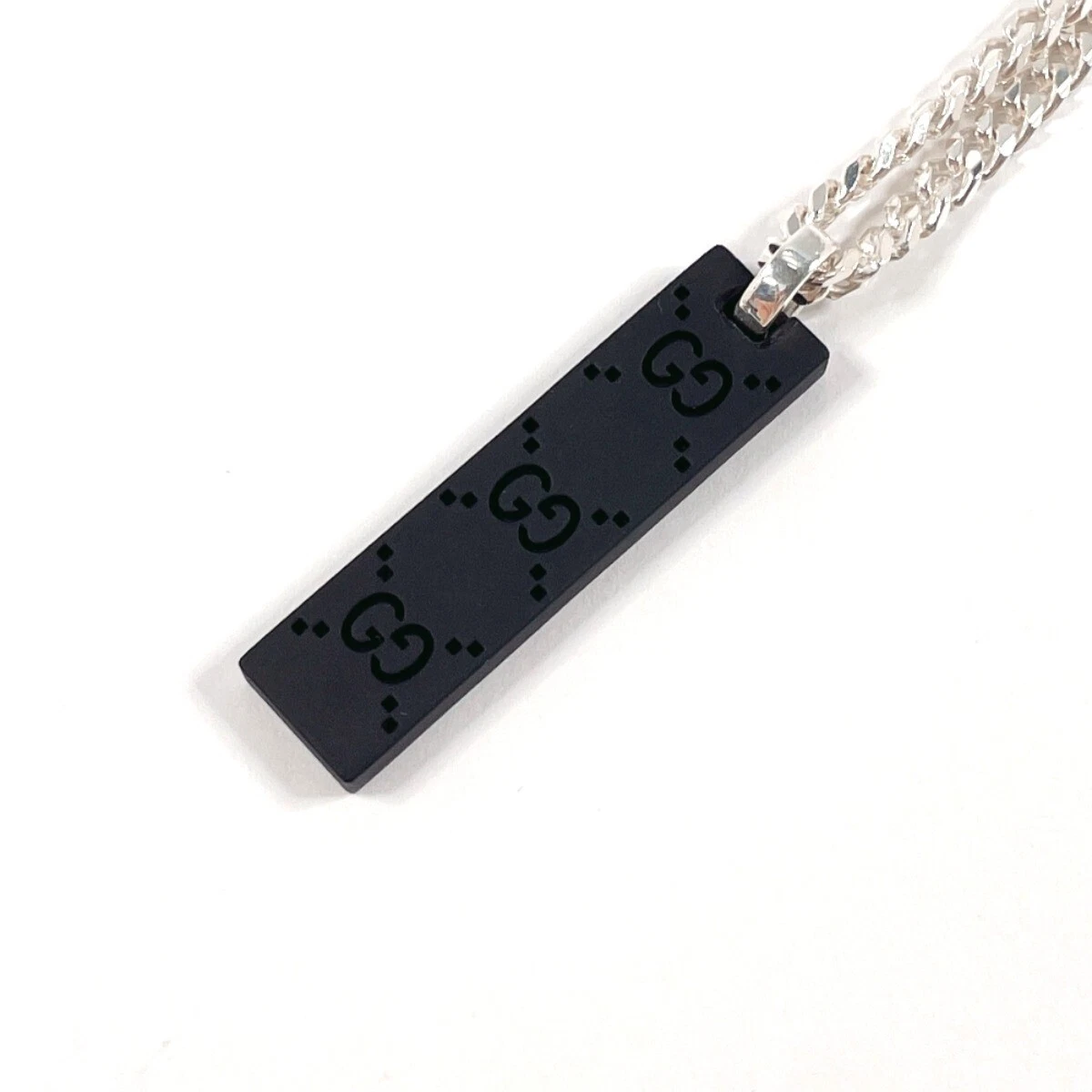 GUCCI Collana GG Tag Catena Argento925 pelle Uomo Nero Accessorio