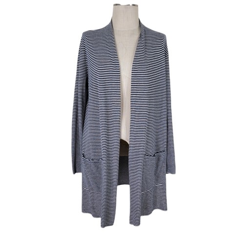 LOFT Cardigan Size L Black White Striped Open Front Pockets Longline Linen Blend - Picture 2 of 10