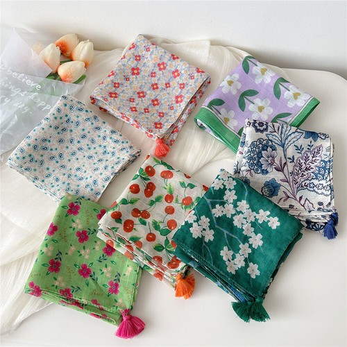 Petit Foulard Carré En Coton Et Lin Avec Pompons Imprimés Floraux Doux