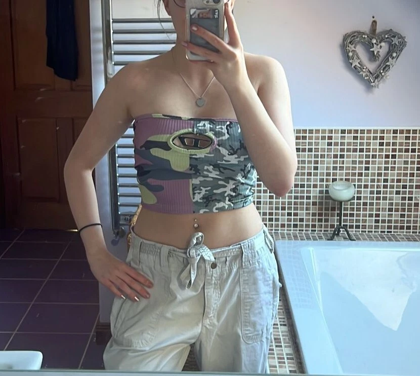 Crema Beige Urbano Vintage Cargos Corbata Pantalones Combate Ancho tiro bajo Pantalón 10 12 Foto 4 de 4