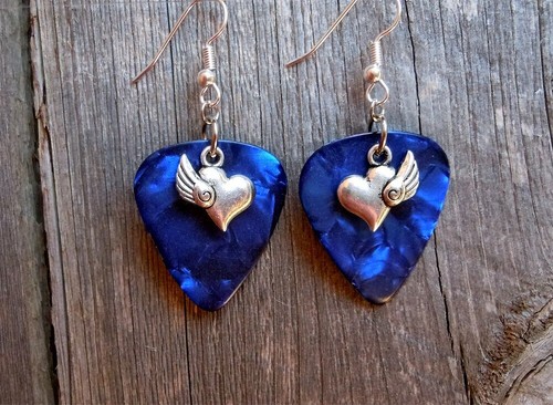 Heart with Single Wing Charm Guitar Pick Earrings - Pick Your Color - Picture 2 of 16