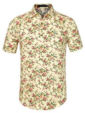Man Allover Floral Pattern Short Sleeves Casual Shirt Yellow Small