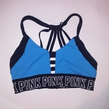 Victoria Secret PINK Sports Bra Small Black Blue Logo Athletic Wireless