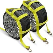 Adjustable Wheel Net Tow Basket Straps 2-Pack Swivel J Hook 14"-22" Tire, Yellow