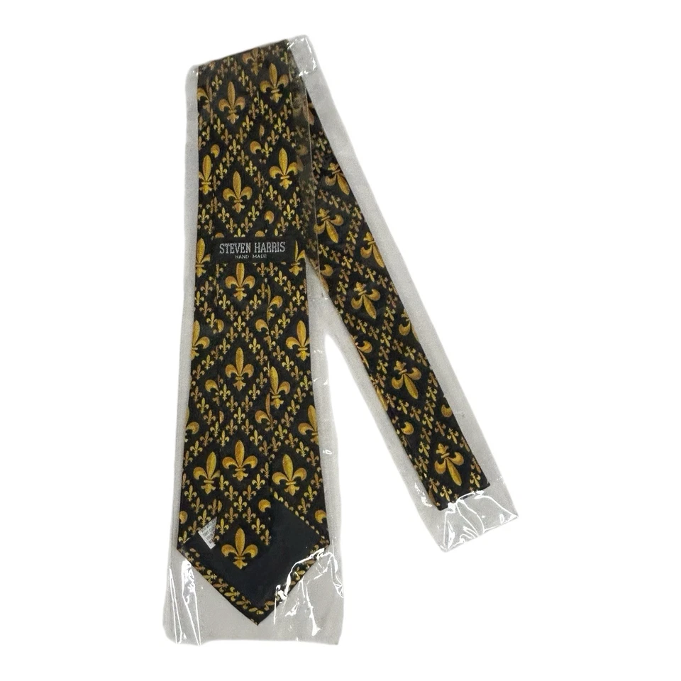 Corbata Steven Harris Negra Con Flor de Lis Dorada Hecha a Mano NUEVA En Paquete Foto 4 de 4