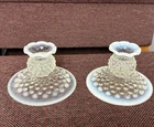 Vintage Fenton Glass White Blue OPALESCENT Hobnail Candle Holders Candlestick