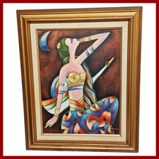 Ian Rystron Original Abstract Cubism Acrylic Painting Framed VTG 80-90 16x12 Art