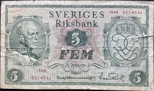 One Banknote 5 Sweden Kronor Sveriges Riksbank Dated 1948 Circulated