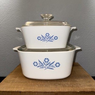 Corning Ware Blue Cornflower Casserole Set P-1 3/4-B A-3-B Lids 4pc Vintage