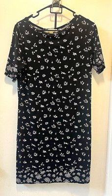Michael Michael Kors Black White Floral Shift Dress Round Neck Short Sleeve M