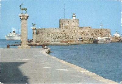 Vintage Rhodos Griechenland Postkarte Nikolaus Leuchtturm Mandraki Hafen