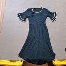 Women's Dress Small Navy Blue Short Sleeve Whites Stripe On Cuff & Neck Flared