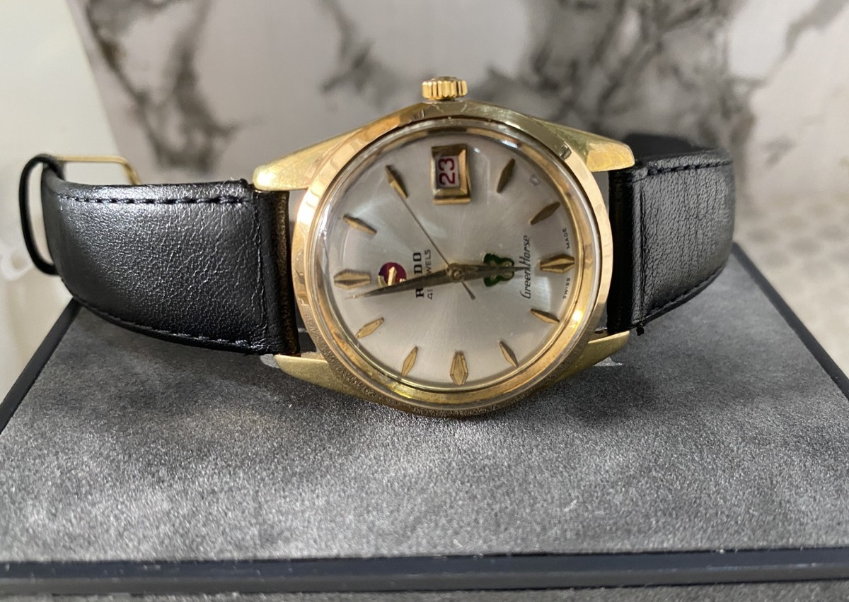 Vintage Rado Green Horse Datejust Gold Dial Automatic Watch Swiss