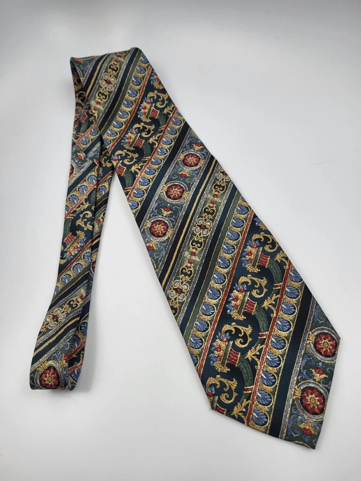 Bill Blass Silk Tie Blue Gold Red Baroque Geometric Necktie Short USA 55 x 3.75 - Image 2 of 4