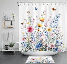 Garden Blue Butterfly Yellow Wildflower Shower Curtain Set for Bathroom Decor