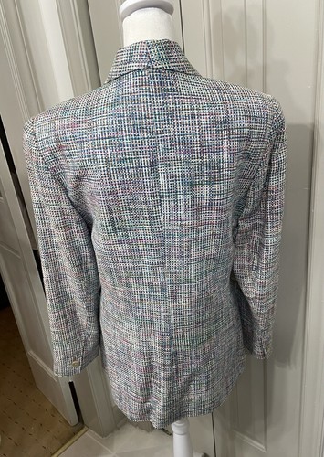 Vintage Silk Blazer Size 10P Pink Blue Tweed Textured Pearl Button - Picture 2 of 8