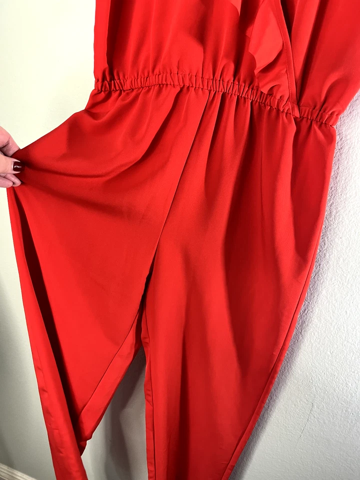 H & M Conscious Jumpsuit Red Sz 6 Ruffle V-Neck Satiny - Image 3 of 4