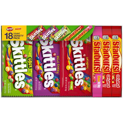 Mars Mixed Skittles & Starburst Variety Pack Gummy Candy Assortment -18 Bars Box