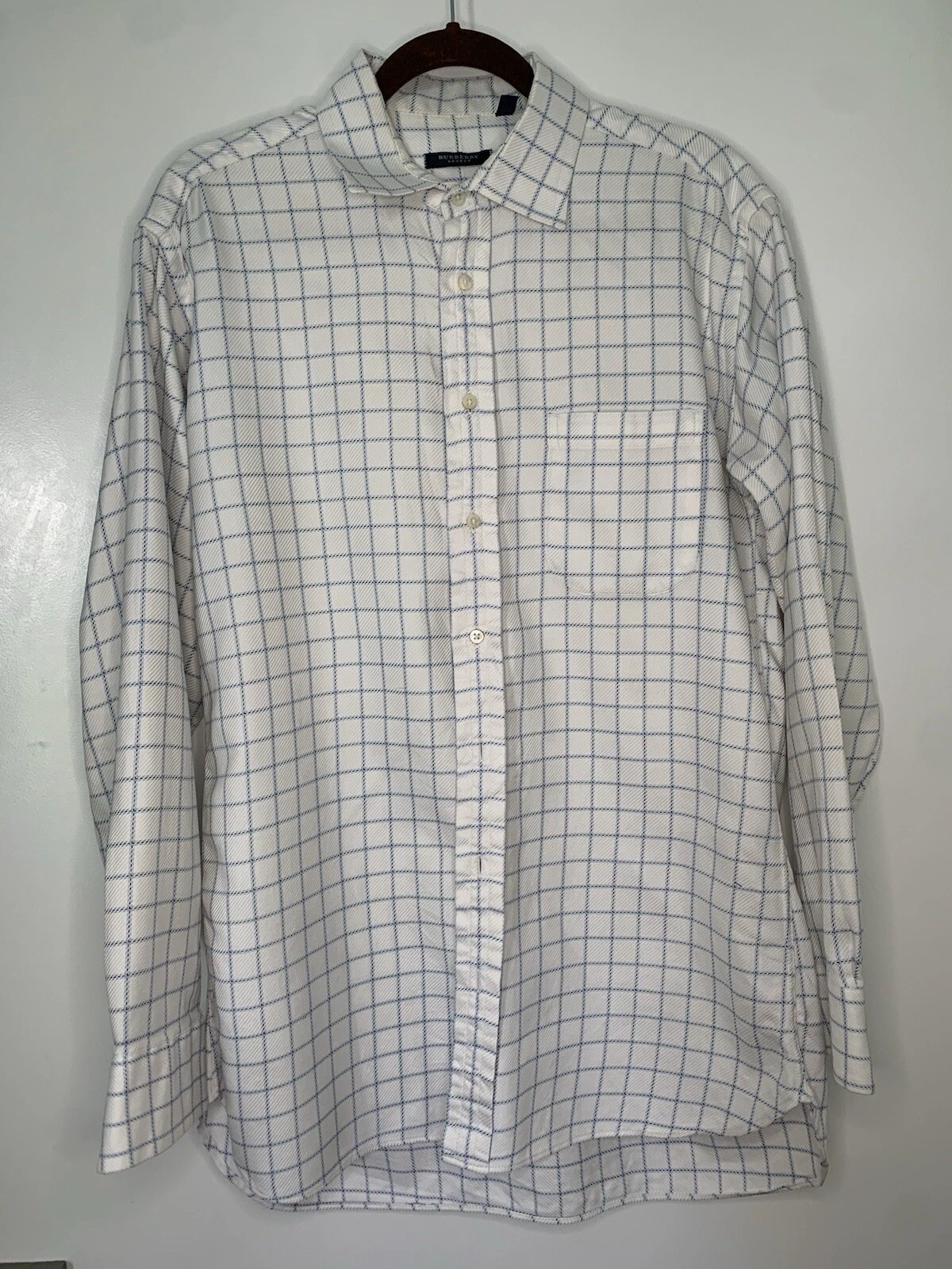 Camicia abito da uomo bianca Burberry taglia 16 5 34 con quadretti blu cotone abbottonato