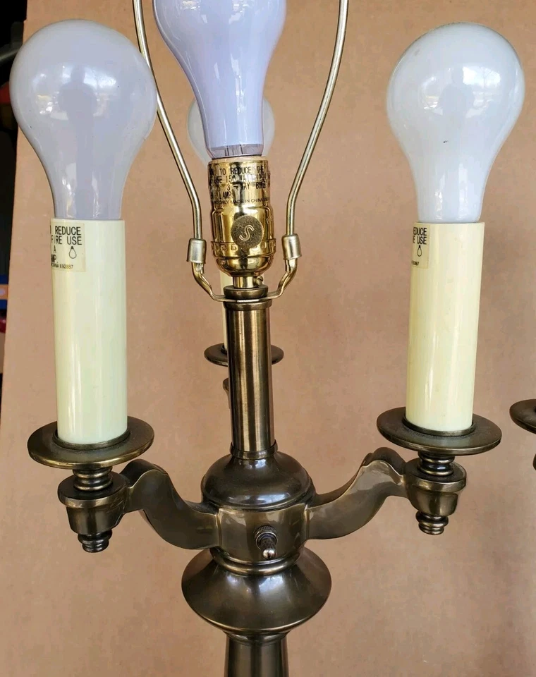 NICE Pair Stiffel Solid Brass Table Lamps 31 Inches Bronze Finish 4 Bulb 3 Way - Image 3 of 4