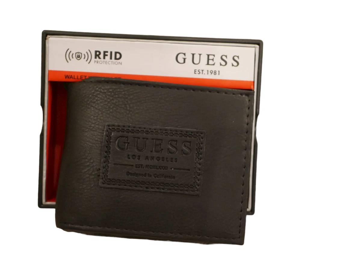 NEW W BOX MEN S BLACK GENUINE LEATHER GUESS WALLET PASS CASE ID BIFOLD RFID
