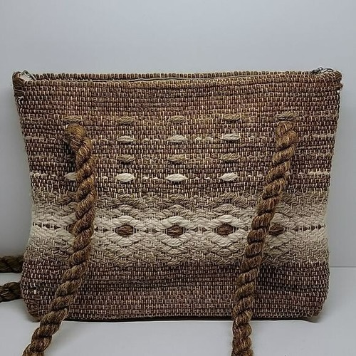 Woven Tan & Cream Boho Double Handle Bag Purse 10 X 11 - Picture 2 of 9