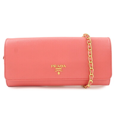 PRADA Saffiano Metal Chain Strap Wallet Shoulder Bag Pink 1M1290 Auth Used