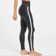 SPANX Faux Leather Side Stripe Leggings Black White Medium