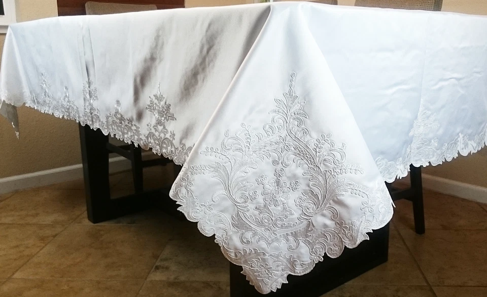 Polyester Solid White Embroidery Lace Tablecloth 72x90" Wedding Bridal 8 Napkins - Image 4 of 4