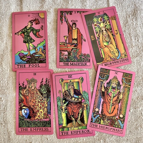 Pink Tarot 3"x5" Plastic Waterproof Tarot Deck Foil Tarot 78 Cards Guidebook Box - Picture 7 of 8