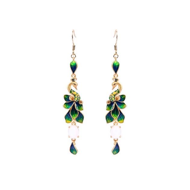 Jade Drop Dangle Earrings Peacock Cloisonne Bohemian Ear Hook 18K Gold Plated - Image 3 of 4