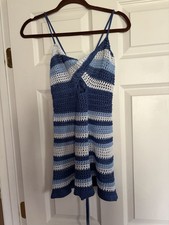 SHEIN Blue and White Striped Crochet Cover-Up Dress Sz S