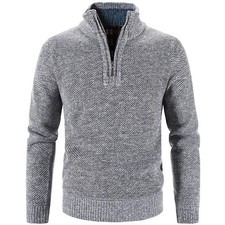 Autumn Winter Thick Knitted Sweater Men Pullovers Solid Color Zipper Mock Neck S
