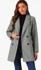 Allegra K Women Sz S Notch Lapel Double Breasted Belted Mid Long Outwear Winter