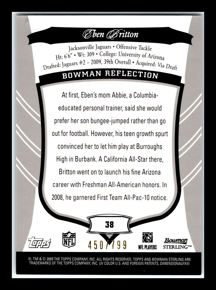 2009 Bowman Sterling #38 Eben Britton SN,RC #/799 Rookie - Image 2 of 2