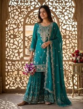Presenting Satin Silk Teal Green Top Palazzo With Dupatta For Function Wear