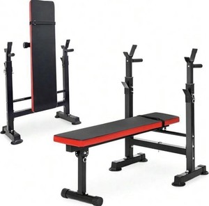 Adjustable Weight Bench w/ Barbell Rack & Plate Holders Steel Black/Red