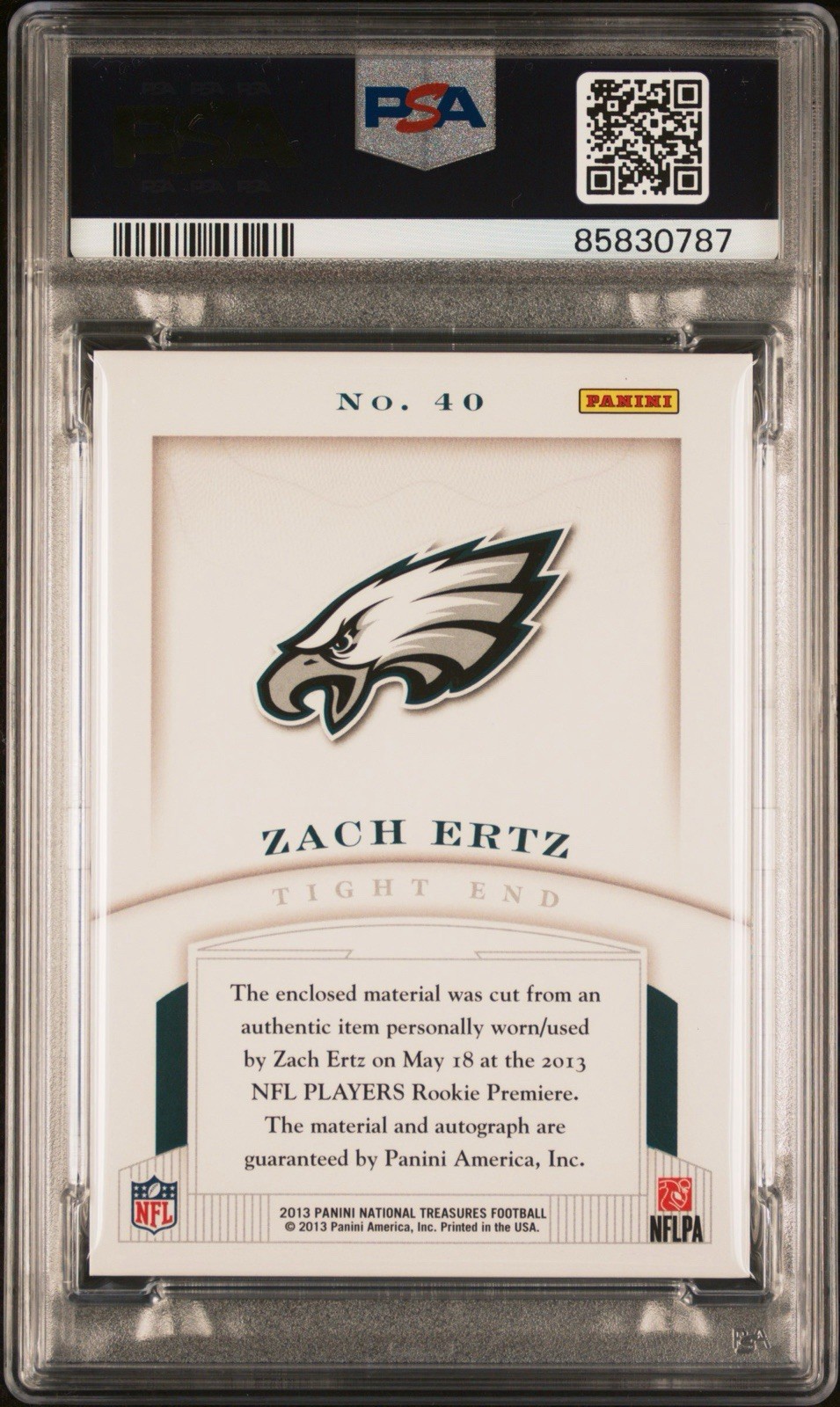2013 ZACH ERTZ RC National Treasures NFL GEAR AUTO QUAD PATCHES 05/25 PSA MINT 9 view 4