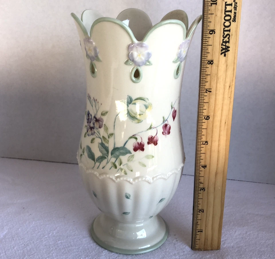 Lenox Spring Bouquet 9.5" Bleeding Heart Vase Scalloped Top Pierced Embossed - Image 3 of 4