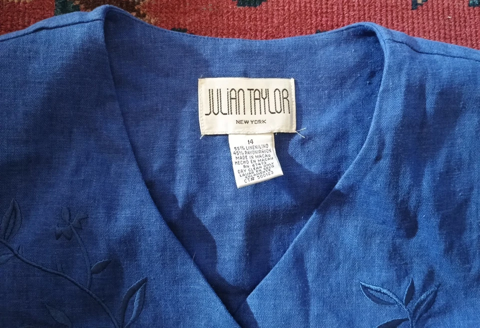 Maxi Vestido Camisa Años 90 Y2K Azul Aciano Mezcla de Lino Bordado con Botones 14 Foto 3 de 4