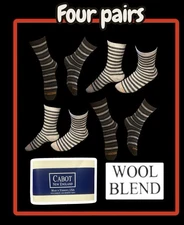 4 Pairs Cabot New England Wool Blend Socks: Striped-Mid Calf / Crew- Size 9-11