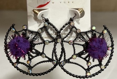 New Influence Black Spider Web Purple Pom Pom Earring Hypoallergenic Halloween
