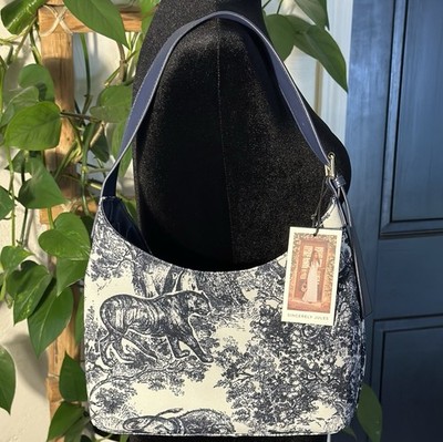 Sincerely Jules Tiger Toile Shoulder Hobo Bag Canvas Tapestry Pattern Navy Blue