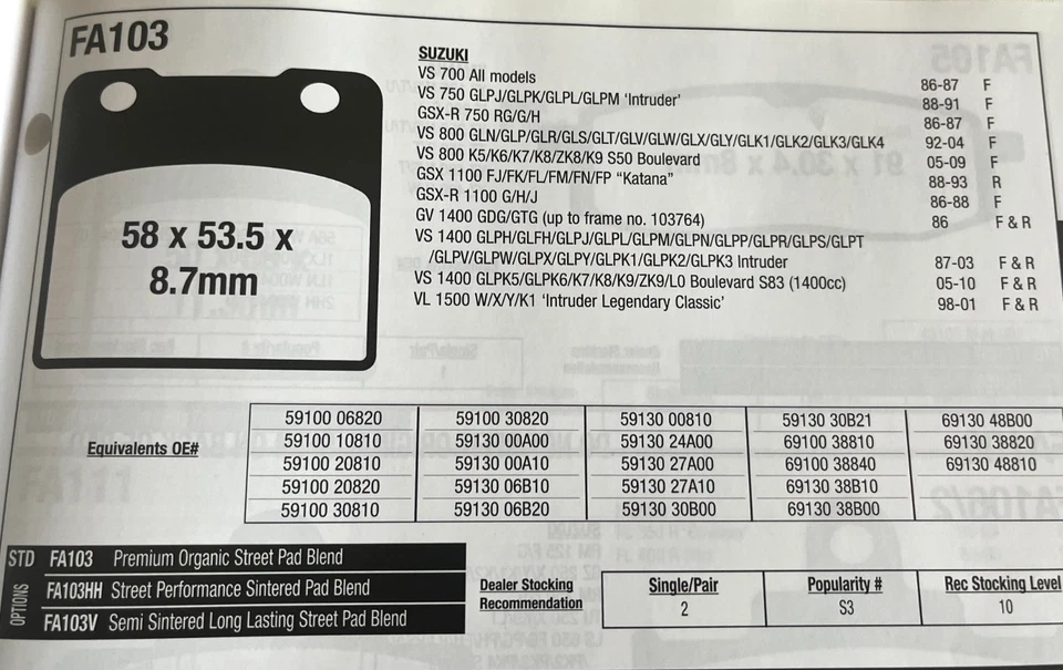 Juego de pastillas de freno, SBS 577HS (FA103-HH) para Suzuki VS 600/800/1400, GSX1100, VL1500 Foto 3 de 3