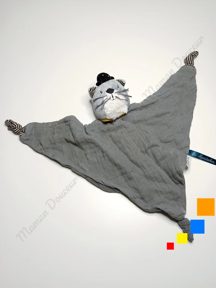 Doudou Plat Lange Fernand Chat Gris Jaune Pois Rayé Les Moustaches - Moulin Roty - Photo 4/4