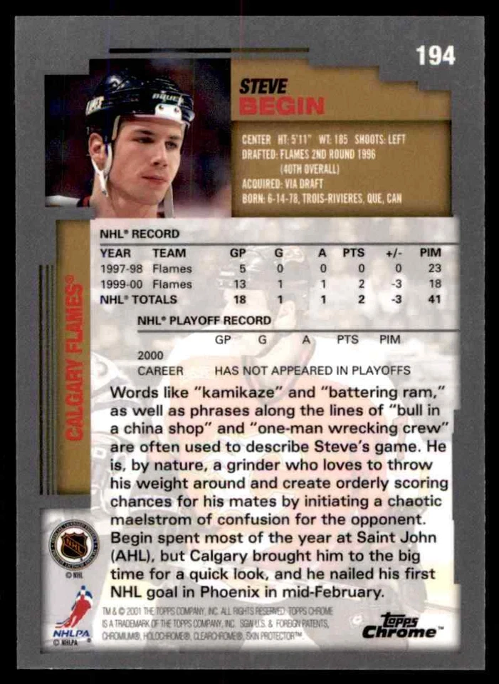 2000-01 Topps Chrome Steve Begin #194 - Image 2 of 2