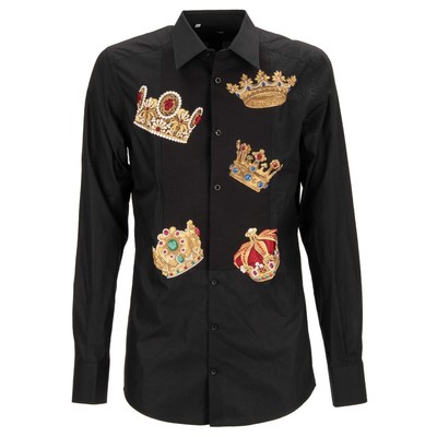 Chemise En Soie Noire DOLCE & GABBANA - Logo Couronne Baroque Avec Cristaux, Coupe Large, Manches Longues, Idéale Pour Un Look Décontracté