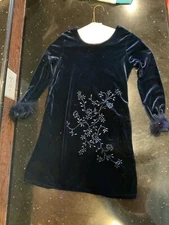 Brooke Lindsay Navy Blue Velvet Girls Size 8 Dress Long Sleeve Fur Trim Sparkle