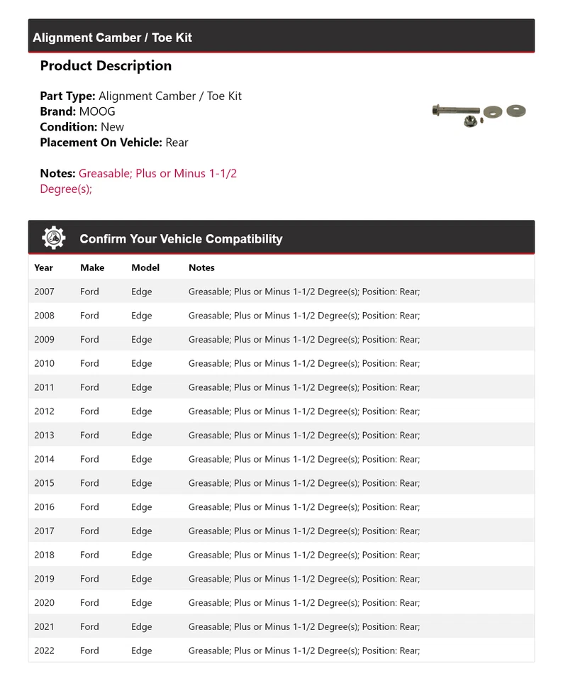 Kit de inclinación/puntera trasera MOOG 2007-2022 Ford Edge 2007 2008 2009 2010 Foto 2 de 4